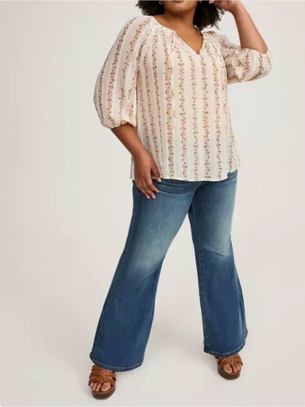 Torrid Floral Stripe Peasant Blouse tie top, slight sheer NWT Size 3X - Picture 2 of 15